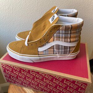 Vans SK8-Hi Sneakers Mens 7 Womens 8.5 Plaid Wood Thrush Yellow Suede Hi Tops